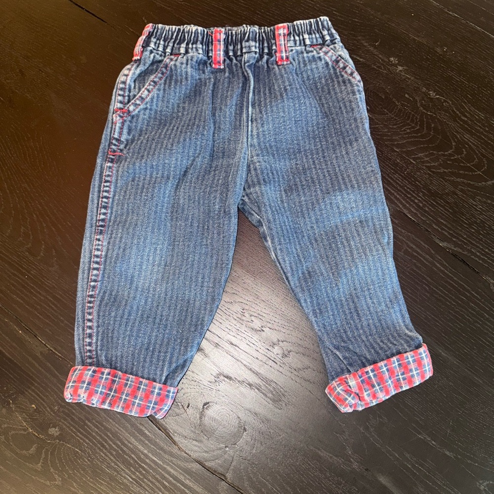 Blue and Red Vintage Relaxed Fit Jeans with Cuffed Details